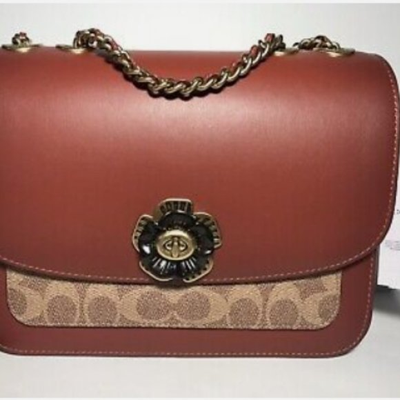 NWT Coach Madison shoulder  bag in regular size tan rust and signature canevas - Picture 1 of 16